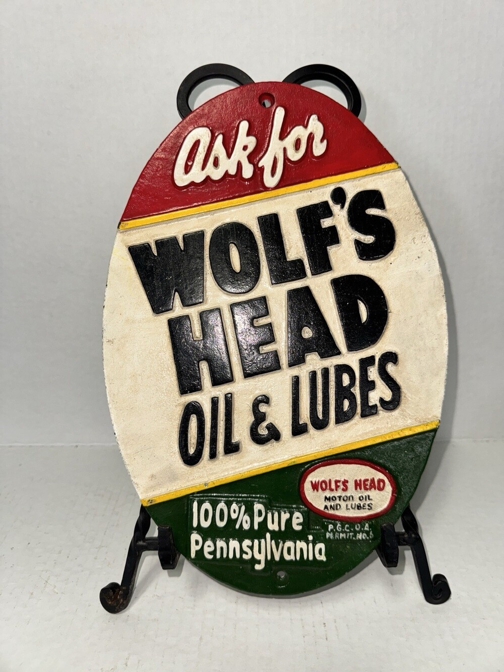 Wolf’s Head Oil & Lubes Cast Metal Sign Oval 12” Garage Decor Reproduction